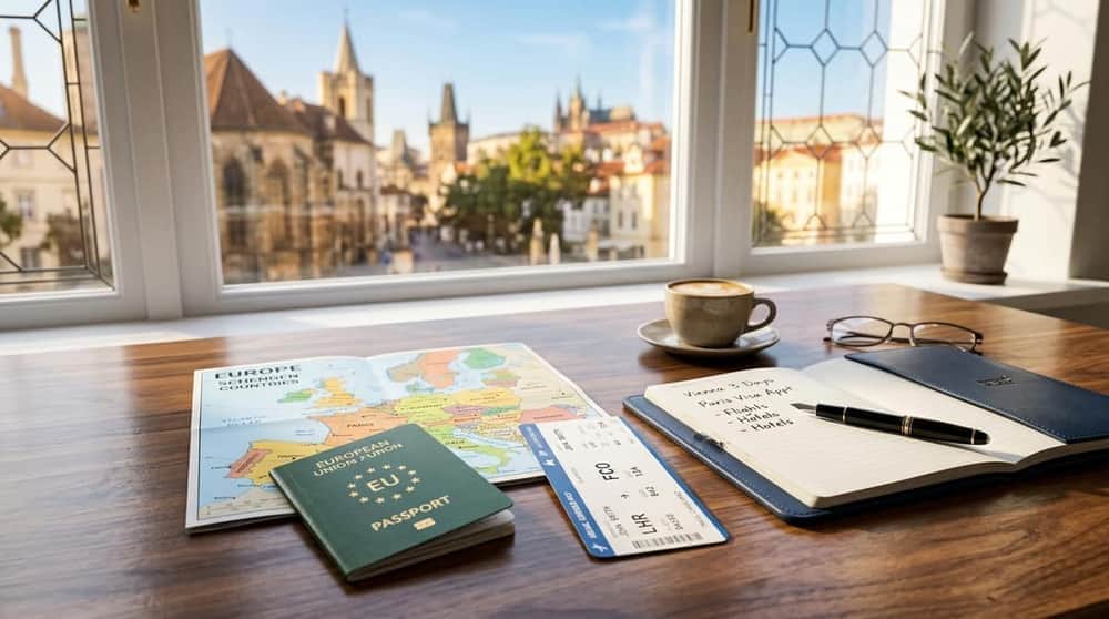 Schengen travel planning desk with passport, map, and itinerary notes